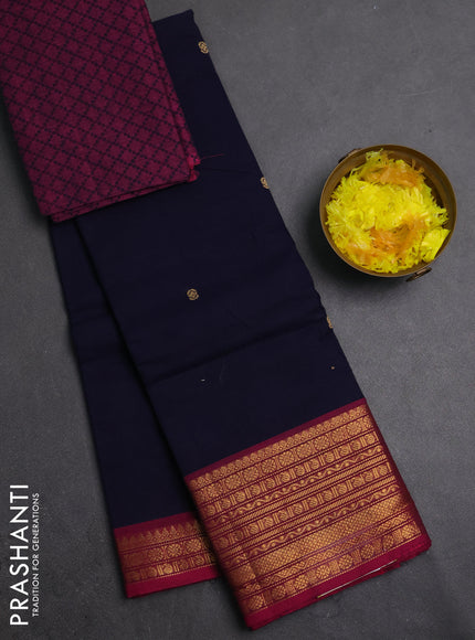 Chettinad cotton saree navy blue and pink with thread woven buttas and long zari woven border