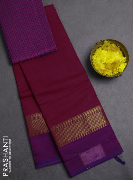 Chettinad cotton saree magenta pink and purple with plain body and zari woven simple border
