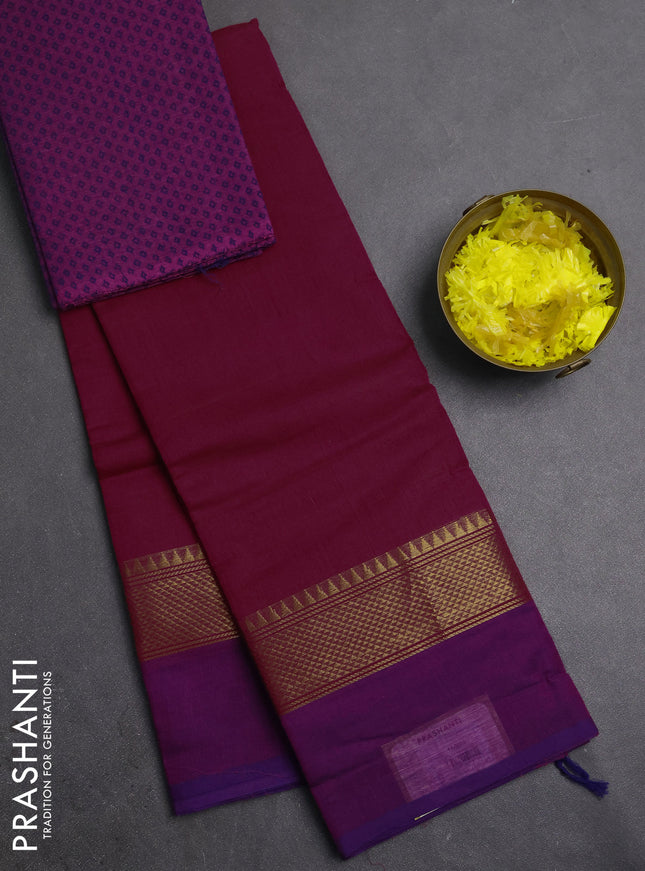 Chettinad cotton saree magenta pink and purple with plain body and zari woven simple border