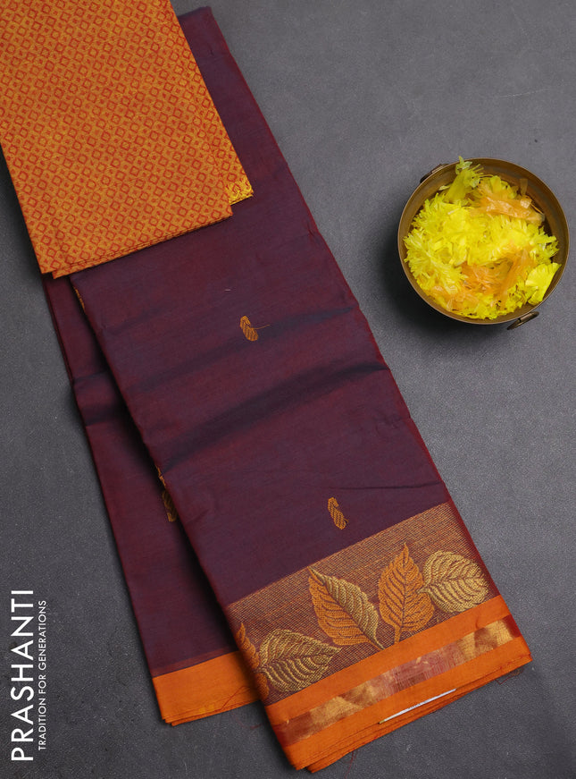 Chettinad cotton saree dual shade of maroon and mustard yellow with thread woven buttas and zari woven border