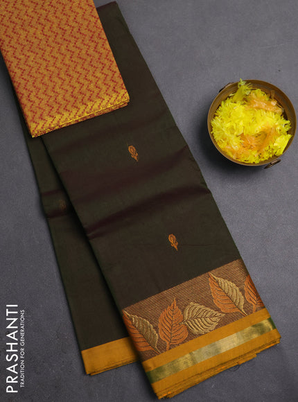 Chettinad cotton saree olive green and mustard yellow with thread woven buttas and zari woven border