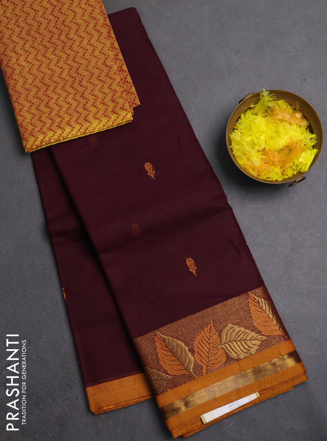 Chettinad cotton saree deep wine and mustard yellow with thread woven buttas and zari woven border