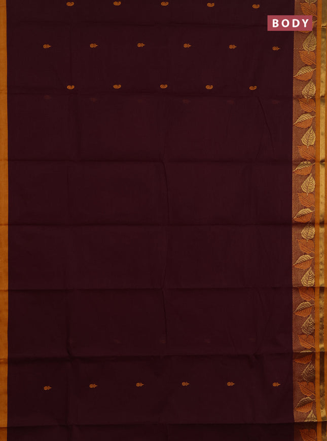 Chettinad cotton saree deep wine and mustard yellow with thread woven buttas and zari woven border