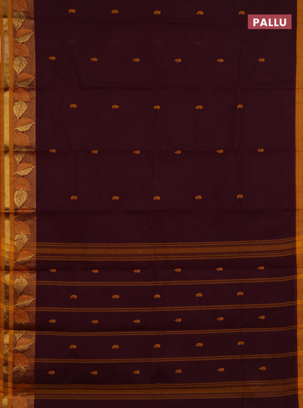 Chettinad cotton saree deep wine and mustard yellow with thread woven buttas and zari woven border
