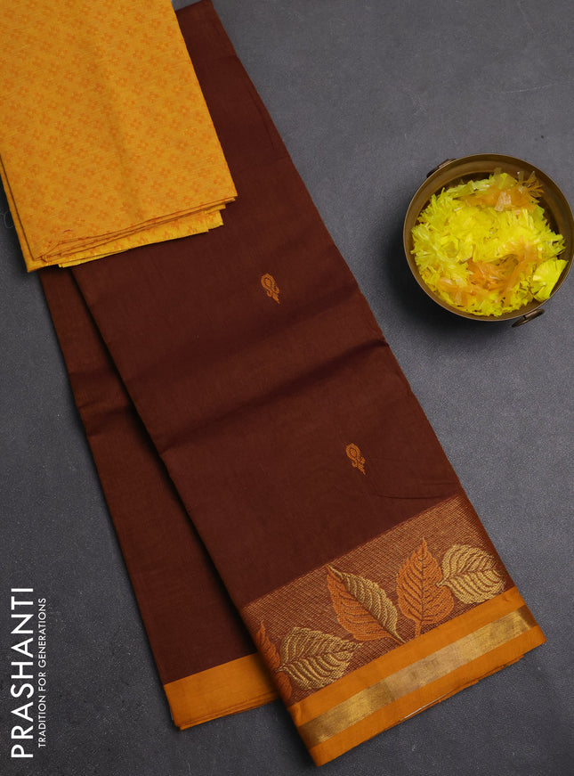 Chettinad cotton saree dark mustard and mustard yellow with thread woven buttas and zari woven border