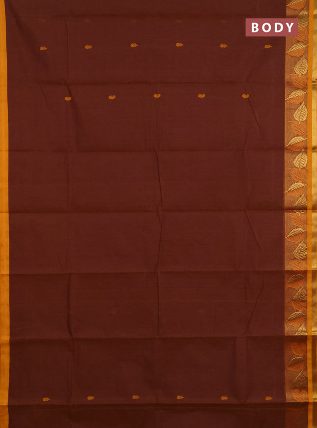 Chettinad cotton saree dark mustard and mustard yellow with thread woven buttas and zari woven border