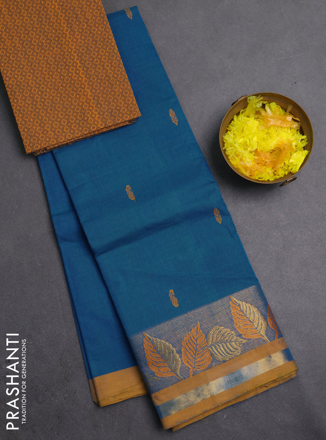 Chettinad cotton saree cs blue and mustard yellow with thread woven buttas and zari woven border