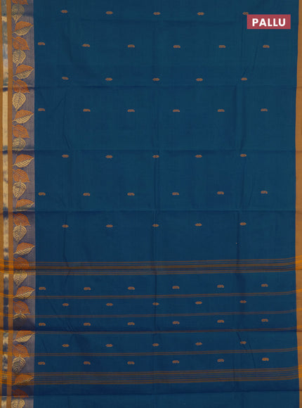 Chettinad cotton saree cs blue and mustard yellow with thread woven buttas and zari woven border