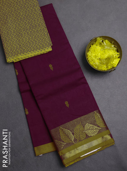 Chettinad cotton saree magenta pink and mustard yellow with thread woven buttas and zari woven border