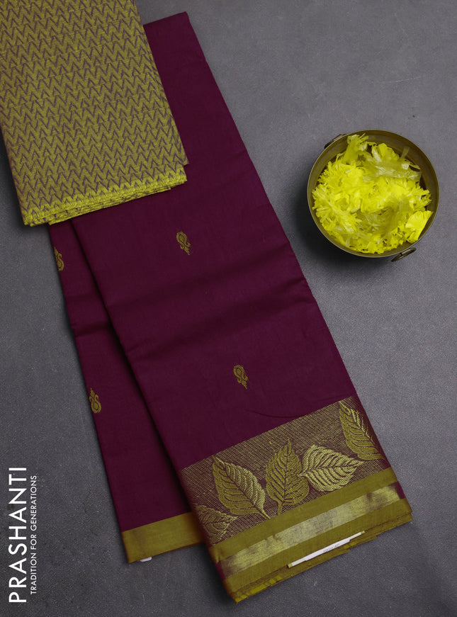 Chettinad cotton saree magenta pink and mustard yellow with thread woven buttas and zari woven border