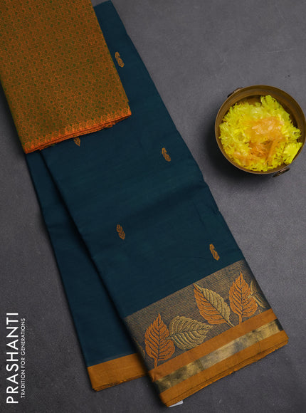 Chettinad cotton saree peacock green and mustard yellow with thread woven buttas and zari woven border