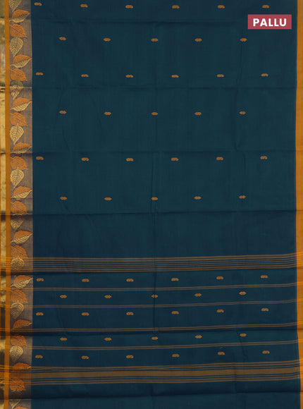 Chettinad cotton saree peacock green and mustard yellow with thread woven buttas and zari woven border