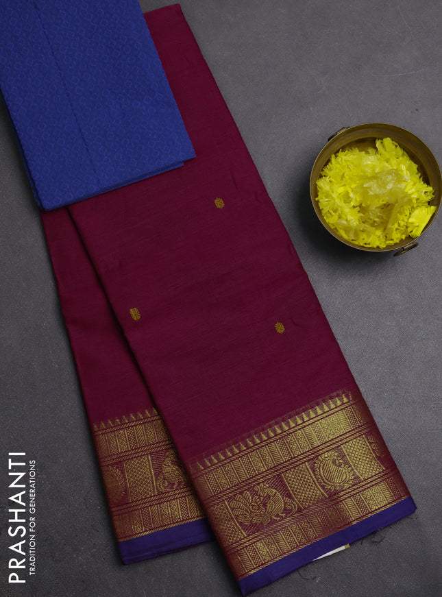 Chettinad cotton saree magenta pink and blue with thread woven buttas and zari woven butta border