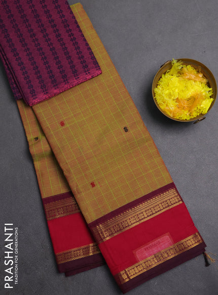 Chettinad cotton saree light green and purple with allover checks & thread woven buttas and rettapet zari woven border