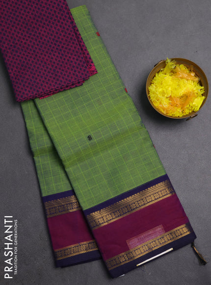Chettinad cotton saree green and purple with allover checks & thread woven buttas and rettapet zari woven border