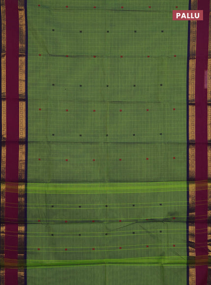 Chettinad cotton saree green and purple with allover checks & thread woven buttas and rettapet zari woven border