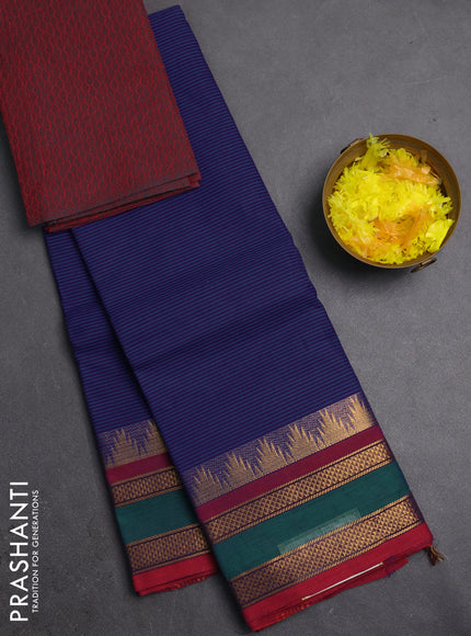 Chettinad cotton saree violet and maroon with allover stripes pattern and temple design rettapet zari woven border