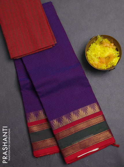 Chettinad cotton saree purple and red with allover stripes pattern and temple design rettapet zari woven border
