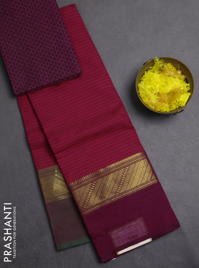 Chettinad cotton saree pink and purple with allover stripes pattern and ganga jamuna border