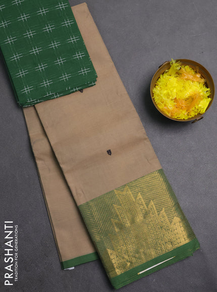 Chettinad cotton saree beige and green with thread woven buttas and long temple design zari woven border