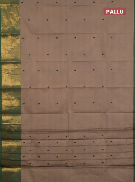 Chettinad cotton saree beige and green with thread woven buttas and long temple design zari woven border