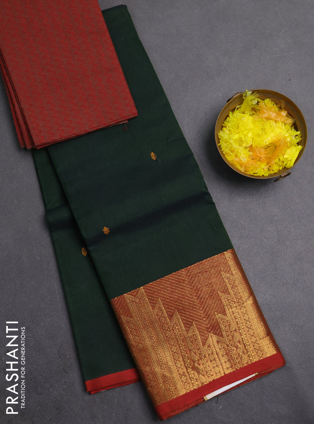 Chettinad cotton saree green and maroon with thread woven buttas and long temple design zari woven border