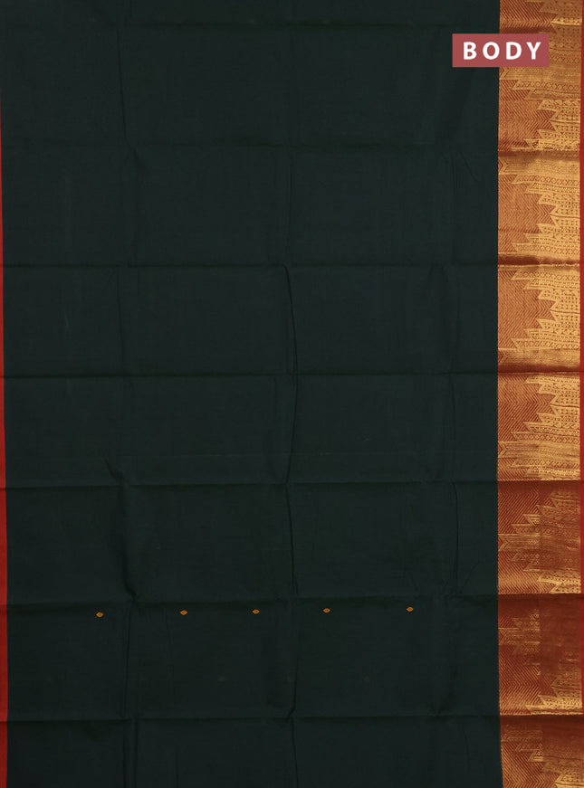 Chettinad cotton saree green and maroon with thread woven buttas and long temple design zari woven border
