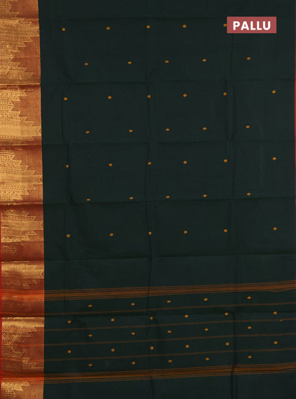 Chettinad cotton saree green and maroon with thread woven buttas and long temple design zari woven border