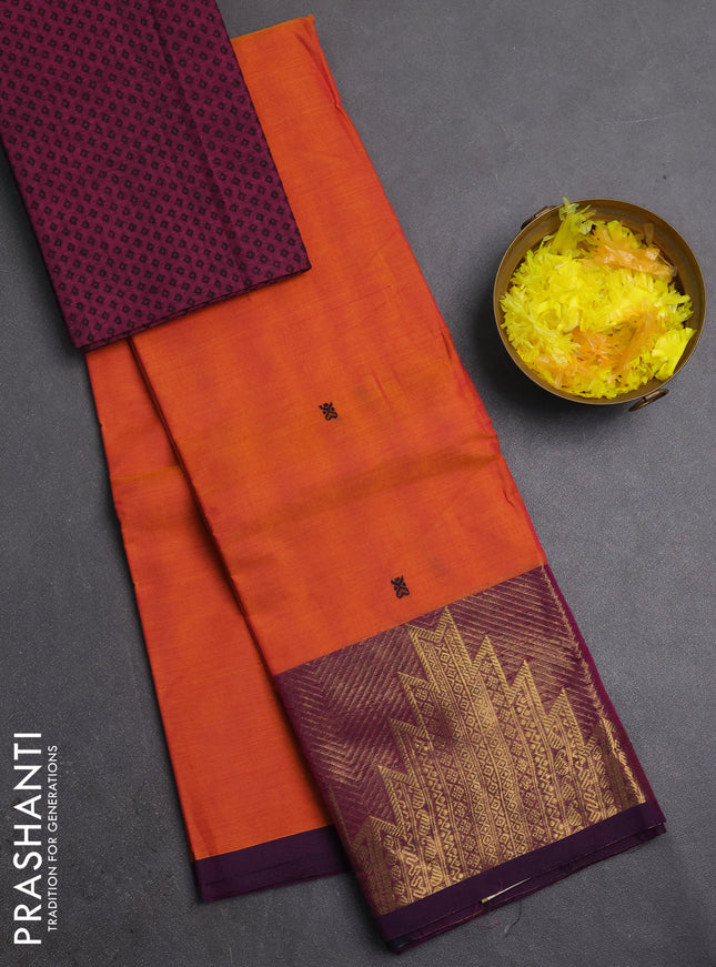 Chettinad cotton saree sunset orange and purple with thread woven buttas and long temple design zari woven border