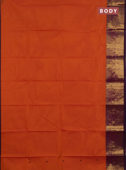 Chettinad cotton saree sunset orange and purple with thread woven buttas and long temple design zari woven border