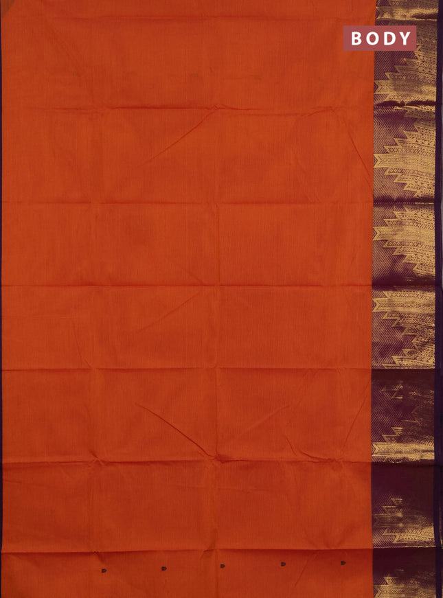 Chettinad cotton saree sunset orange and purple with thread woven buttas and long temple design zari woven border