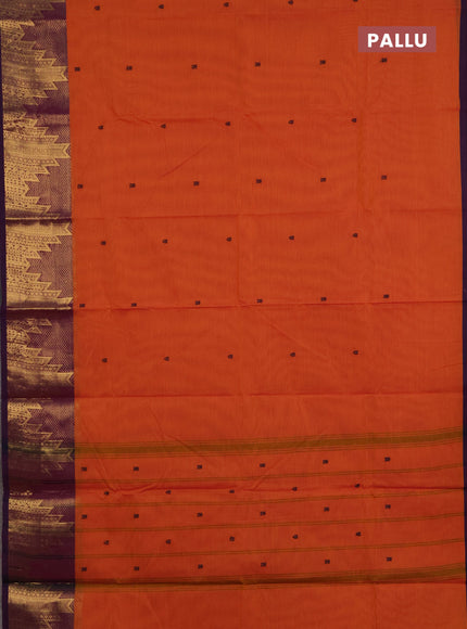 Chettinad cotton saree sunset orange and purple with thread woven buttas and long temple design zari woven border