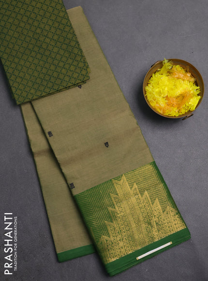 Chettinad cotton saree elaichi green and green with thread woven buttas and long temple design zari woven border