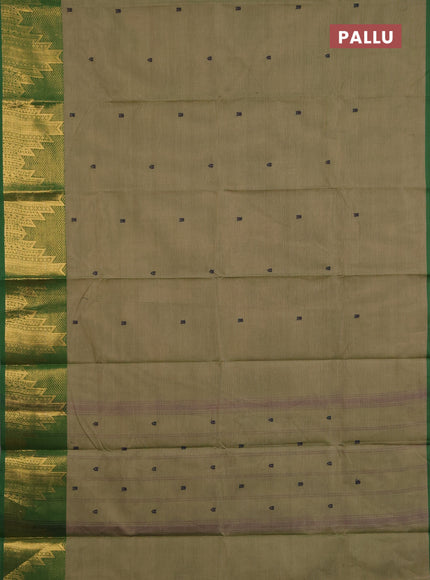 Chettinad cotton saree elaichi green and green with thread woven buttas and long temple design zari woven border