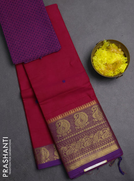 Chettinad cotton saree dark pink and purple with thread woven buttas and long zari woven border