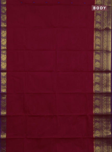 Chettinad cotton saree dark pink and purple with thread woven buttas and long zari woven border