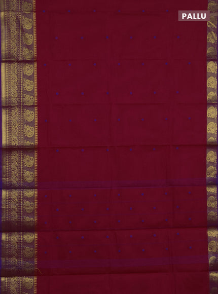 Chettinad cotton saree dark pink and purple with thread woven buttas and long zari woven border