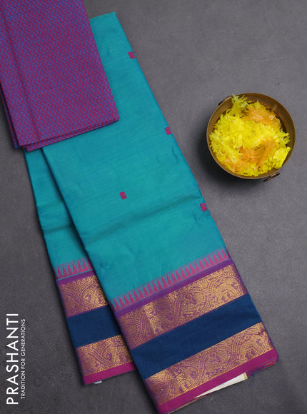 Chettinad cotton saree teal blue and violet with thread woven buttas and rettapet zari woven border