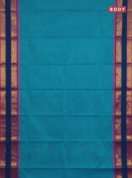 Chettinad cotton saree teal blue and violet with thread woven buttas and rettapet zari woven border
