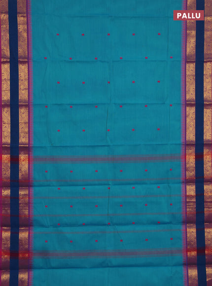 Chettinad cotton saree teal blue and violet with thread woven buttas and rettapet zari woven border