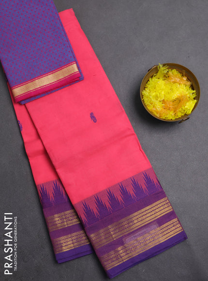 Chettinad cotton saree candy pink and violet with thread woven buttas and temple design zari woven border