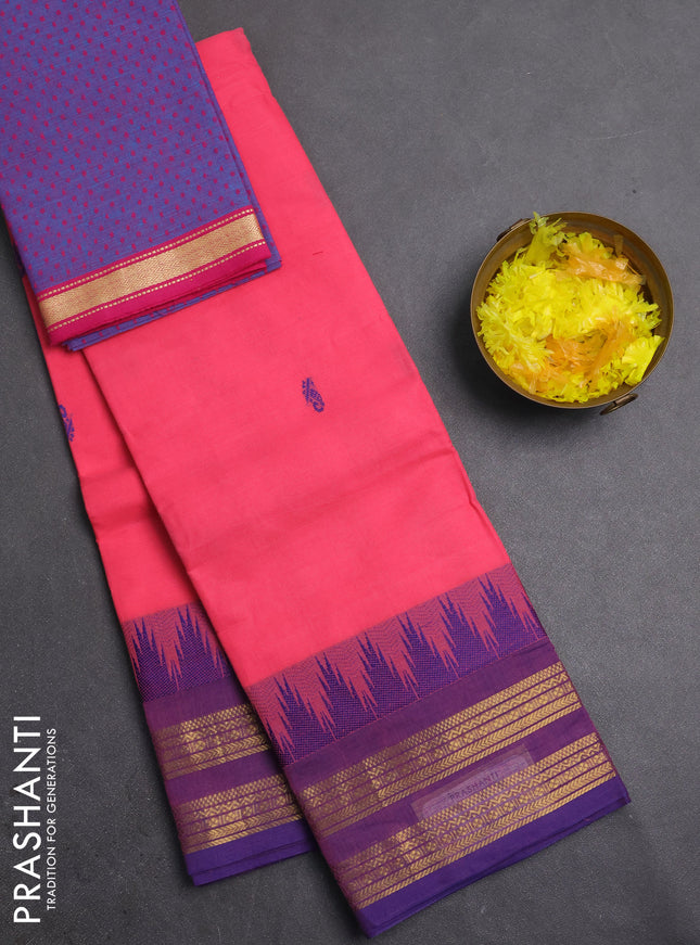 Chettinad cotton saree candy pink and violet with thread woven buttas and temple design zari woven border