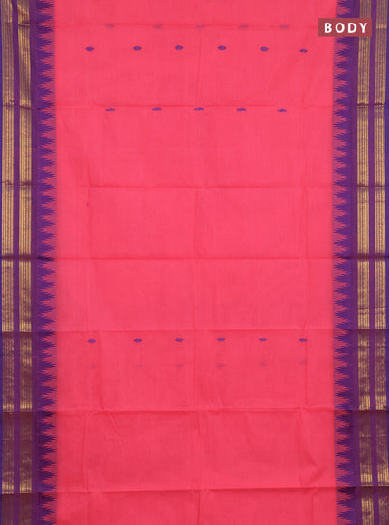 Chettinad cotton saree candy pink and violet with thread woven buttas and temple design zari woven border