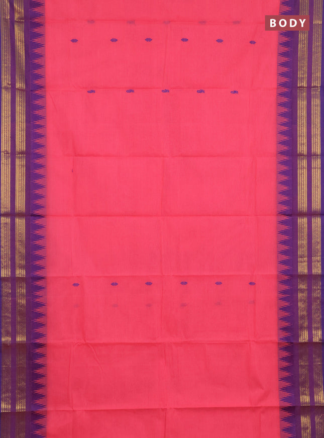 Chettinad cotton saree candy pink and violet with thread woven buttas and temple design zari woven border