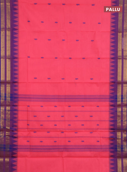 Chettinad cotton saree candy pink and violet with thread woven buttas and temple design zari woven border