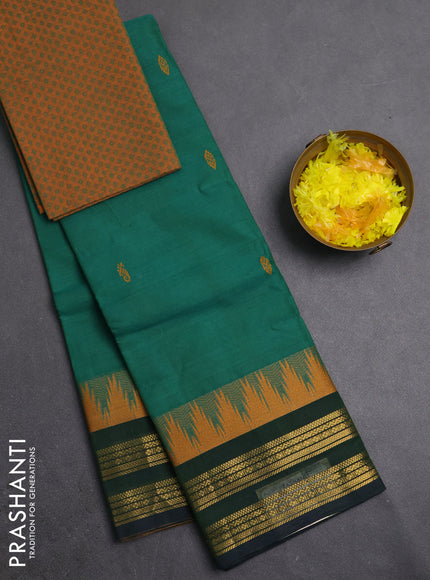 Chettinad cotton saree teal green and mustard yellow with thread woven buttas and temple design zari woven border