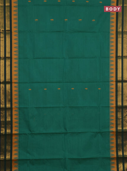 Chettinad cotton saree teal green and mustard yellow with thread woven buttas and temple design zari woven border