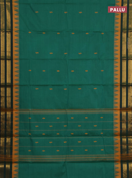 Chettinad cotton saree teal green and mustard yellow with thread woven buttas and temple design zari woven border