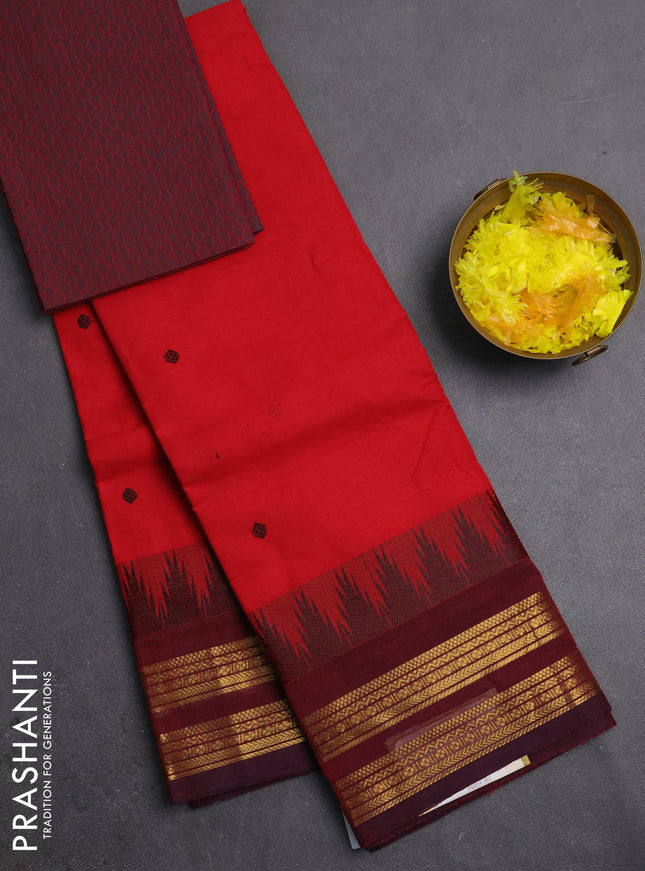 Chettinad cotton saree red and maroon with thread woven buttas and temple design zari woven border