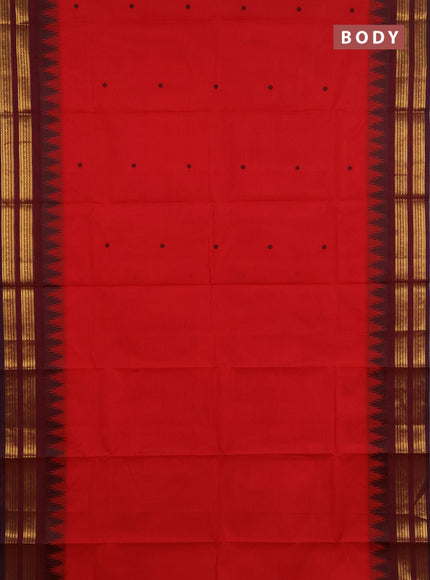 Chettinad cotton saree red and maroon with thread woven buttas and temple design zari woven border